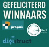 Afgebeeld: 'gefeliciteerd winnaars' met logo's van winnaars van Startup in Residence: Natrufied Architecture, Digistruct AI en Propus